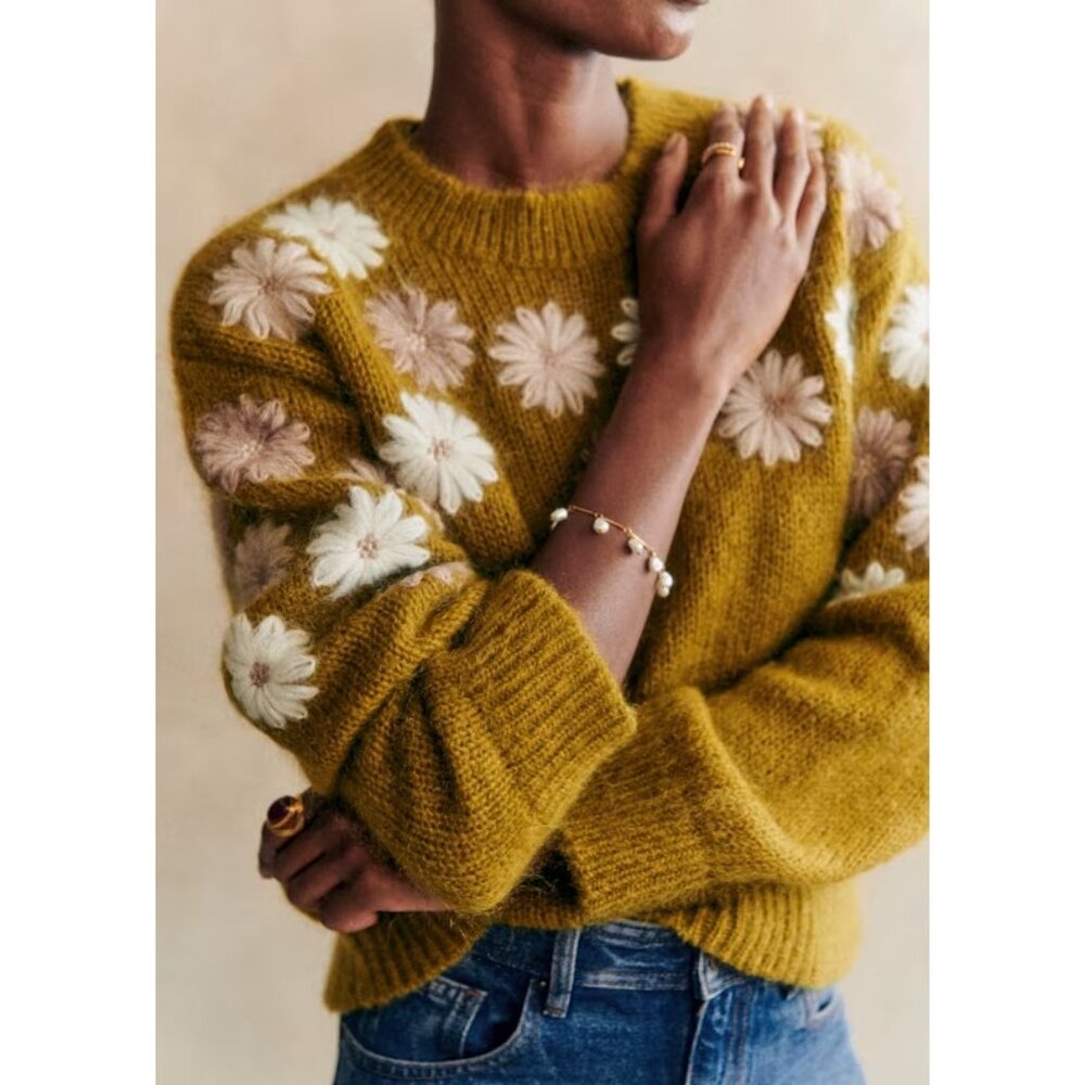 NWT La Maille Sezane Suzon Jumper in Olive Floral Embroidered Sweater S - Picture 2 of 10